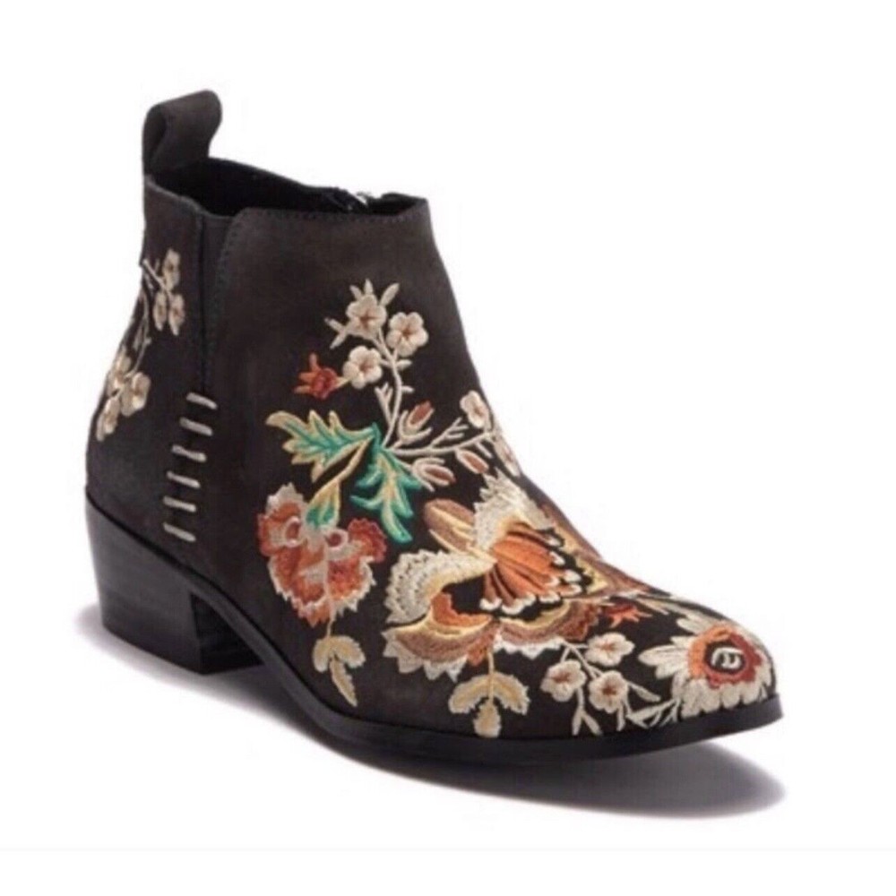 Johnny Was Sammi Charcoal Suede Leather Embroidered Ankle Boots Sz 39=8 1/2